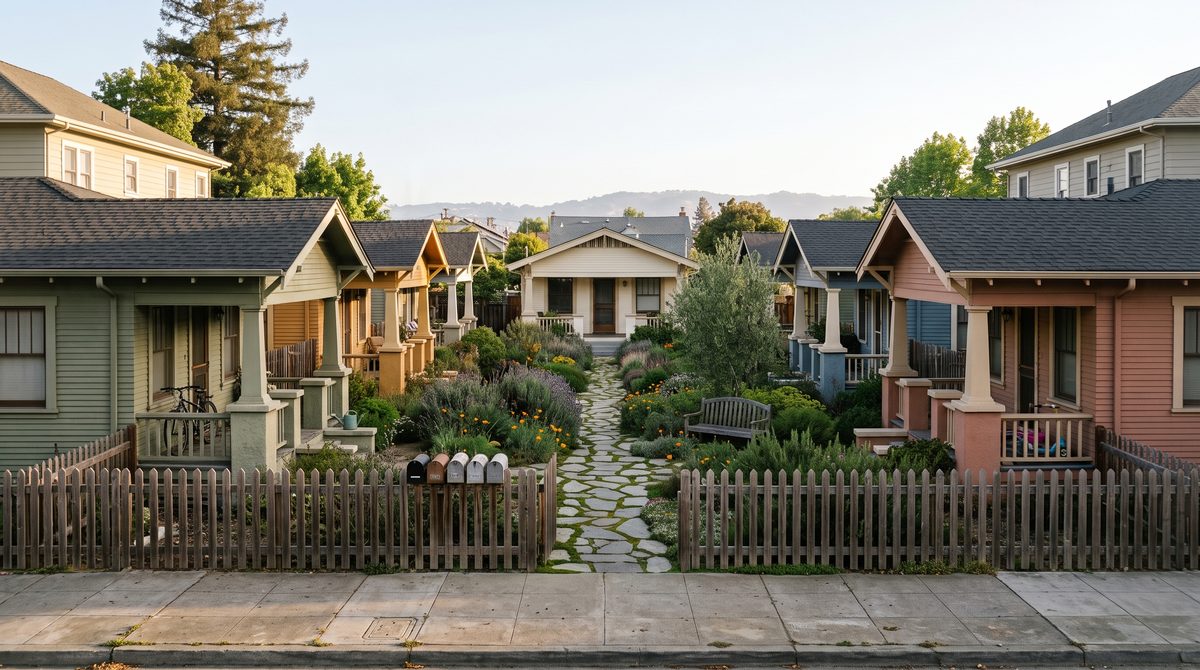 Concept rendering of a bungalow court: small craftsman cottages in sage, mustard, blue, and terracotta facing a shared garden and flagstone path behind a picket fence.