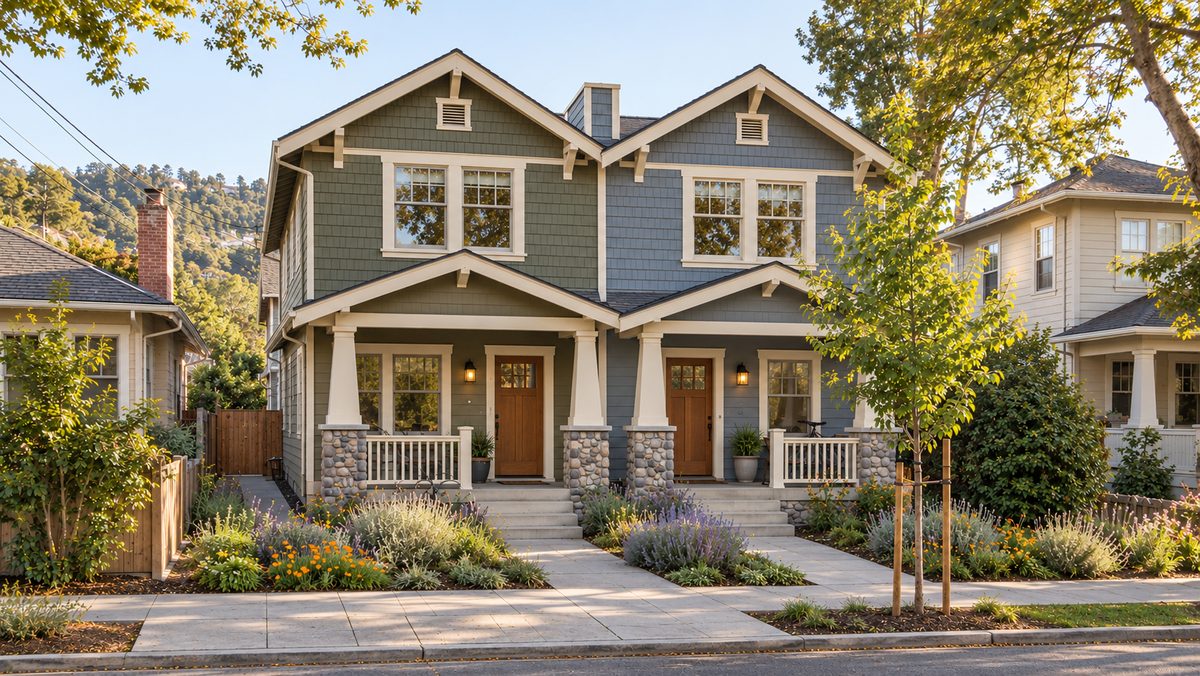 Concept rendering of a two-story craftsman duplex in sage and slate blue, with two front doors, stone porch columns, and a lavender garden along the sidewalk.